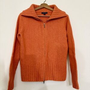 Lands End Orange Zip Up Knit Sweater Womens Medium Wool Blend Shawl Collar